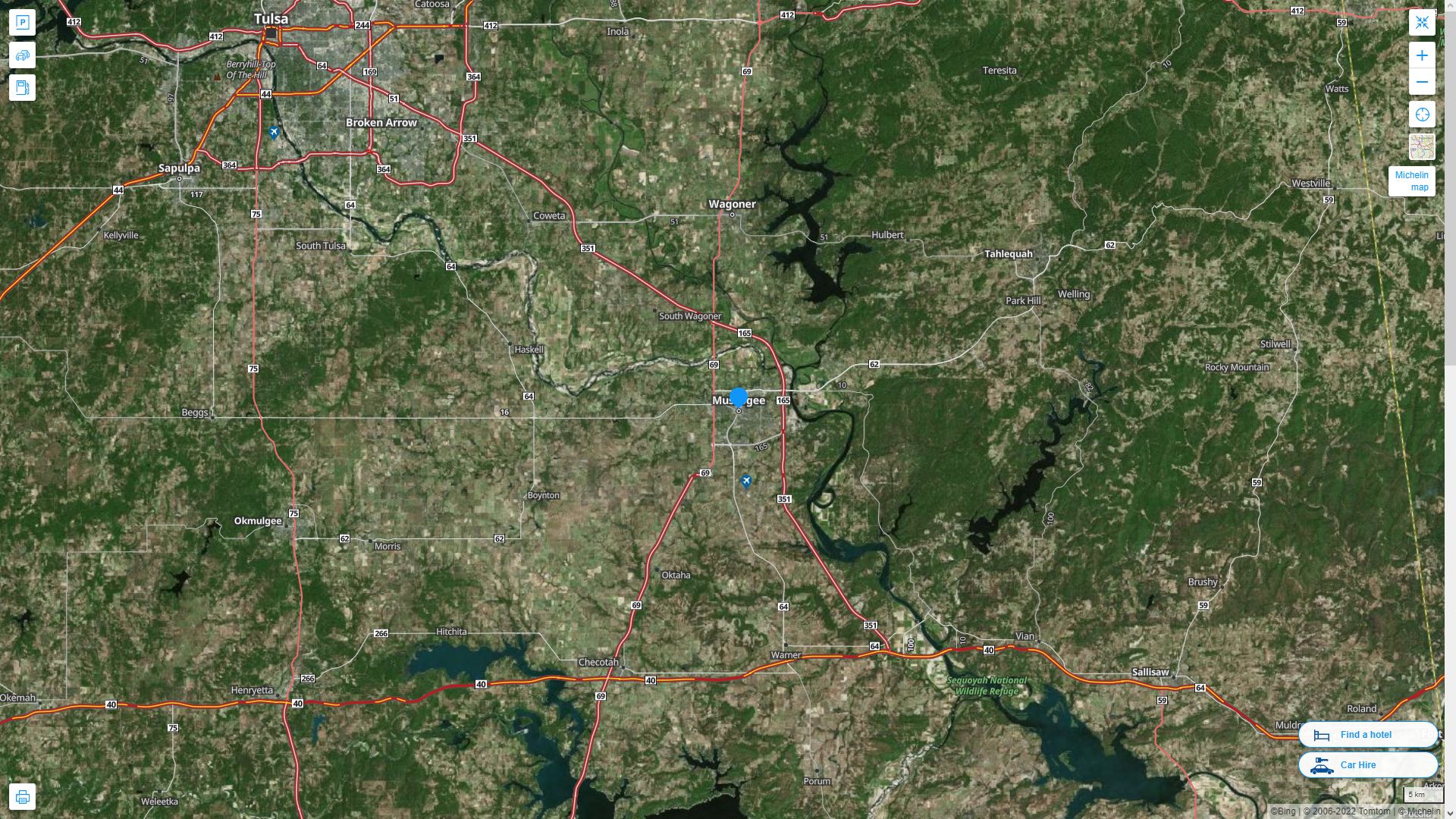 Muskogee Oklahoma Highway and Road Map with Satellite View